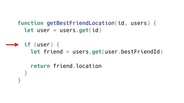 function getBestFriendLocation(id, users) {
let user = users.get(id)
if (user) {
let friend = users.get(user.bestFriendId)
return friend.location
}
}
