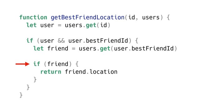 function getBestFriendLocation(id, users) {
let user = users.get(id)
if (user && user.bestFriendId) {
let friend = users.get(user.bestFriendId)
if (friend) {
return friend.location
}
}
}

