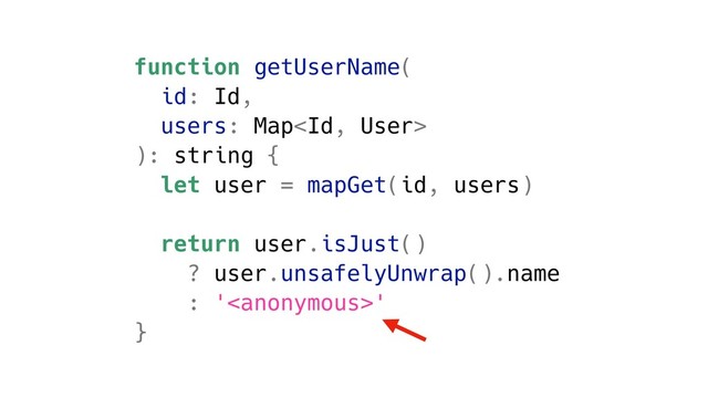 function getUserName(
id: Id,
users: Map
): string {
let user = mapGet(id, users)
return user.isJust()
? user.unsafelyUnwrap().name
: ''
}
