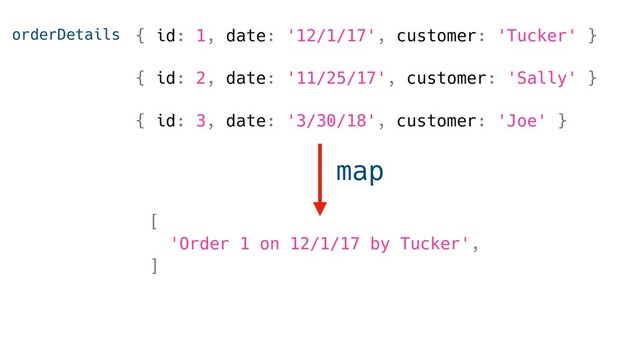 { id: 1, date: '12/1/17', customer: 'Tucker' }
{ id: 2, date: '11/25/17', customer: 'Sally' }
{ id: 3, date: '3/30/18', customer: 'Joe' }
[
'Order 1 on 12/1/17 by Tucker',
]
map
orderDetails
