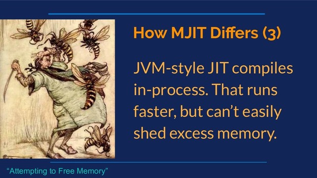 How MJIT Diﬀers (3)
JVM-style JIT compiles
in-process. That runs
faster, but can’t easily
shed excess memory.
“Attempting to Free Memory”
