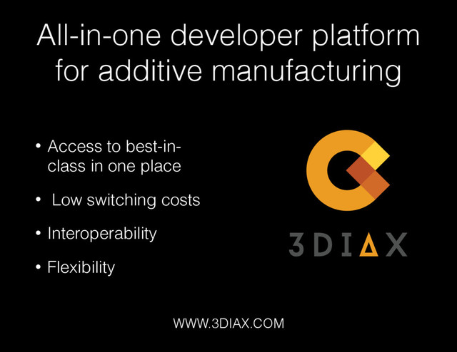 All-in-one developer platform
for additive manufacturing
• Access to best-in-
class in one place
• Low switching costs
• Interoperability
• Flexibility
WWW.3DIAX.COM
