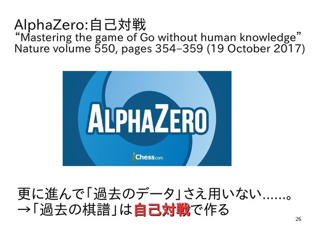 26
AlphaZero:自己対戦
“Mastering the game of Go without human knowledge”
Nature volume 550, pages 354–359 (19 October 2017)
更に進んで「過去のデータ」さえ用いない......。
→「過去の棋譜」は自己対戦
自己対戦で作る
