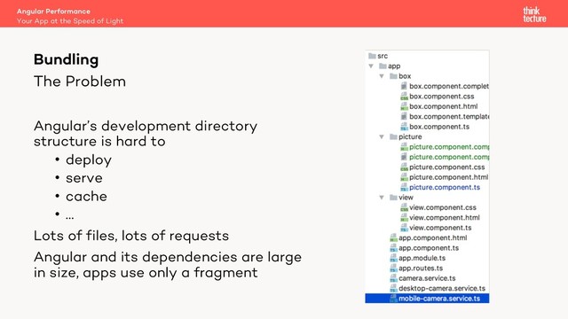 The Problem
Angular’s development directory
structure is hard to
• deploy
• serve
• cache
• …
Lots of files, lots of requests
Angular and its dependencies are large
in size, apps use only a fragment
Bundling
Your App at the Speed of Light
Angular Performance

