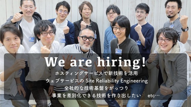 We are hiring!
ϗεςΟϯάαʔϏεͰ৽ٕज़Λ׆༻
΢ΣϒαʔϏεͷ4JUF3FMJBCJMJUZ&OHJOFFSJOH
શࣾతͳٕज़ج൫Λ͕ͬͭΓ
ࣄۀΛࠩผԽͰ͖Δٕज़Λ࡞Γग़͍ͨ͠ FUDʜ
