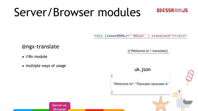 Server/Browser modules
@ngx-translate
• i18n module
• multiple ways of usage
{{‘Welcome to' | translate}}
<div></div>
{
"Welcome to": "Ласкаво просимо в"
}
uk.json
Server vs.
Browser

