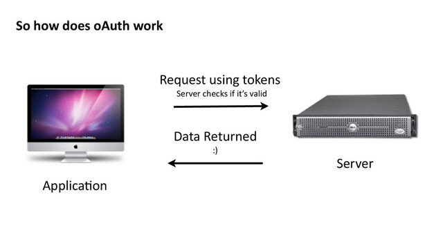 So	  how	  does	  oAuth	  work
Server
ApplicaMon
Request	  using	  tokens	  
Server	  checks	  if	  it’s	  valid
Data	  Returned	  
:)
