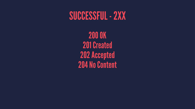 SUCCESSFUL - 2XX
200 OK
201 Created
202 Accepted
204 No Content
