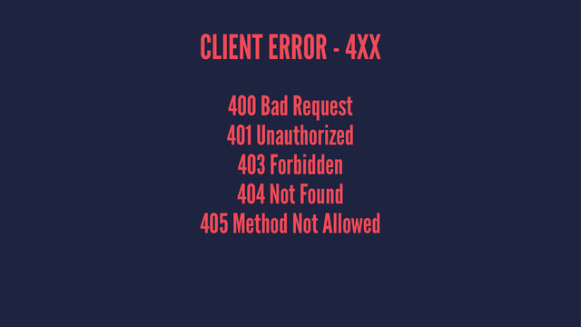 CLIENT ERROR - 4XX
400 Bad Request
401 Unauthorized
403 Forbidden
404 Not Found
405 Method Not Allowed
