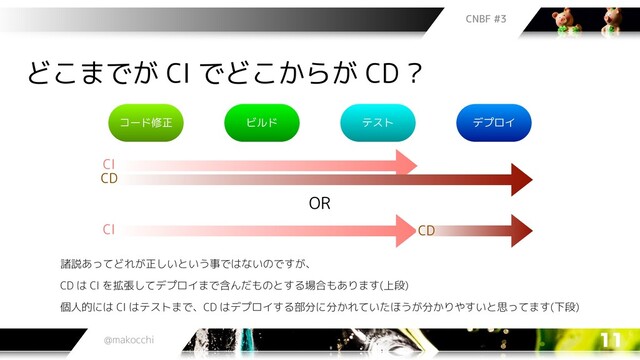 CNBF #3
@makocchi 11
どこまでが CI でどこからが CD ?
コード修正 ビルド テスト デプロイ
CI
CD
諸説あってどれが正しいという事ではないのですが、
CD は CI を拡張してデプロイまで含んだものとする場合もあります(上段)
個人的には CI はテストまで、CD はデプロイする部分に分かれていたほうが分かりやすいと思ってます(下段)
CI CD
OR
