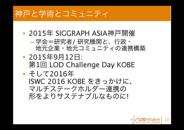 ਆށͱֶज़ͱίϛϡχςΟ
•  2015೥ SIGGRAPH ASIAਆށ։࠵
– ֶձʹݚڀऀ/ ݚڀػؔͱɺߦ੓ɾ 
஍ݩاۀɾ஍ݩίϛϡχςΟͷ࿈ܞߏங
•  2015೥9݄12೔:  
ୈ1ճLOD Challenge Day KOBE
•  ͦͯ͠2016೥ 
ISWC 2016 KOBE Λ͖͔͚ͬʹɺ 
ϚϧνεςʔΫϗϧμʔ࿈ܞͷ 
ܗΛΑΓαεςφϒϧͳ΋ͷʹ!

