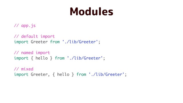 Modules
// app.js
// default import
import Greeter from './lib/Greeter';
// named import
import { hello } from './lib/Greeter';
// mixed
import Greeter, { hello } from './lib/Greeter';
