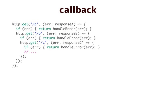 callback
http.get('/a', (err, responseA) => {
if (err) { return handleError(err); }
http.get('/b', (err, responseB) => {
if (err) { return handleError(err); }
http.get('/c', (err, responseC) => {
if (err) { return handleError(err); }
// ...
});
});
});

