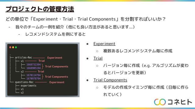 プロジェクトの管理方法
どの単位で「Experiment・Trial・Trial Components」を分割すればいいか？
- 我々のチームの一例を紹介（他にも良い方法があると思います...）
- レコメンドシステムを例にすると
Experiment
Trial
Trial Components
Trial
Trial Components
Experiment
● Experiment
○ 複数あるレコメンドシステム毎に作成
● Trial
○ バージョン毎に作成（e.g. アルゴリズムが変わ
るとバージョンを更新）
● Trial Components
○ モデルの作成タイミング毎に作成（日毎に作ら
れていく）
