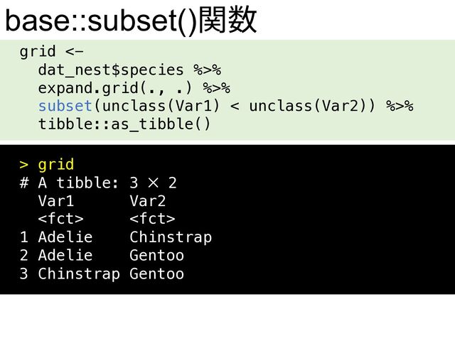 grid <-
dat_nest$species %>%
expand.grid(., .) %>%
subset(unclass(Var1) < unclass(Var2)) %>%
tibble::as_tibble()
base::subset()関数
> grid
# A tibble: 3 × 2
Var1 Var2
 
1 Adelie Chinstrap
2 Adelie Gentoo
3 Chinstrap Gentoo

