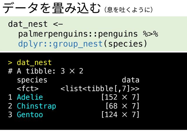 dat_nest <-
palmerpenguins::penguins %>%
dplyr::group_nest(species)
データを畳み込む
> dat_nest
# A tibble: 3 × 2
species data
 >
1 Adelie [152 × 7]
2 Chinstrap [68 × 7]
3 Gentoo [124 × 7]
（息を吐くように）
