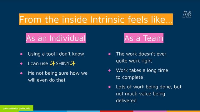 As an Individual
● Using a tool I don’t know
● I can use ✨SHINY✨
● Me not being sure how we
will even do that
As a Team
● The work doesn’t ever
quite work right
● Work takes a long time
to complete
● Lots of work being done, but
not much value being
delivered
From the inside Intrinsic feels like…
@PurpleBooth @BenDodd
