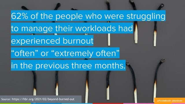 62% of the people who were struggling
to manage their workloads had
experienced burnout
“often” or “extremely often”
in the previous three months.
Source: https://hbr.org/2021/02/beyond-burned-out
@PurpleBooth @BenDodd
