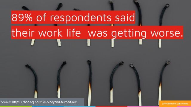 89% of respondents said
their work life was getting worse.
Source: https://hbr.org/2021/02/beyond-burned-out
@PurpleBooth @BenDodd
