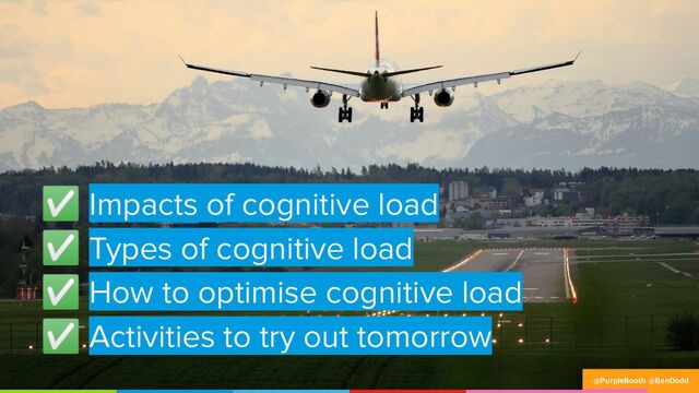 ✅ Impacts of cognitive load
✅ Types of cognitive load
✅ How to optimise cognitive load
✅ Activities to try out tomorrow
@PurpleBooth @BenDodd
@PurpleBooth @BenDodd
