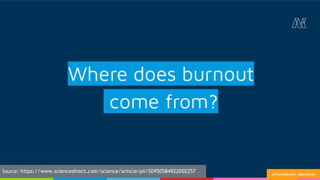 Where does burnout
come from?
Source: https://www.sciencedirect.com/science/article/pii/S0950584922002257
@PurpleBooth @BenDodd
