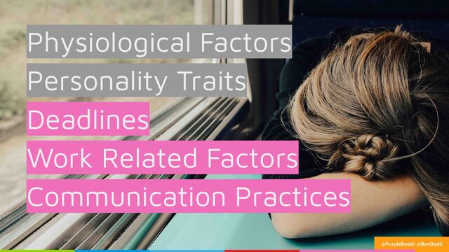 Physiological Factors
Personality Traits
Deadlines
Work Related Factors
Communication Practices
@PurpleBooth @BenDodd
