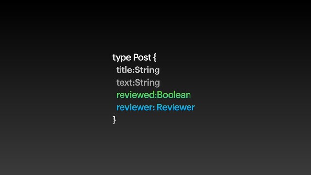 type Post {
title:String
text:String
reviewed:Boolean
reviewer: Reviewer
}
