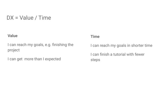 Value
I can reach my goals, e.g. ﬁnishing the
project
I can get more than I expected
DX = Value / Time
Time
I can reach my goals in shorter time
I can ﬁnish a tutorial with fewer
steps
