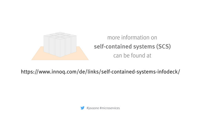 https://www.innoq.com/de/links/self-contained-systems-infodeck/
more information on
self-contained systems (SCS)
can be found at
#javaone #microservices
