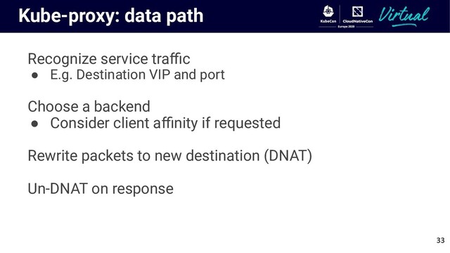 Kube-proxy: data path
Recognize service traﬃc
● E.g. Destination VIP and port
Choose a backend
● Consider client aﬃnity if requested
Rewrite packets to new destination (DNAT)
Un-DNAT on response
33
