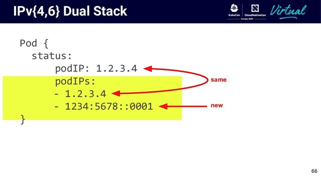 IPv{4,6} Dual Stack
Pod {
status:
podIP: 1.2.3.4
podIPs:
- 1.2.3.4
- 1234:5678::0001
}
same
new
66
