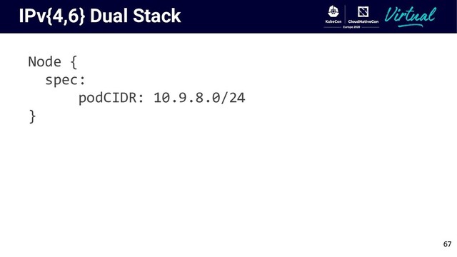 IPv{4,6} Dual Stack
Node {
spec:
podCIDR: 10.9.8.0/24
}
67
