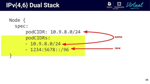 IPv{4,6} Dual Stack
Node {
spec:
podCIDR: 10.9.8.0/24
podCIDRs:
- 10.9.8.0/24
- 1234:5678::/96
}
same
new
68
