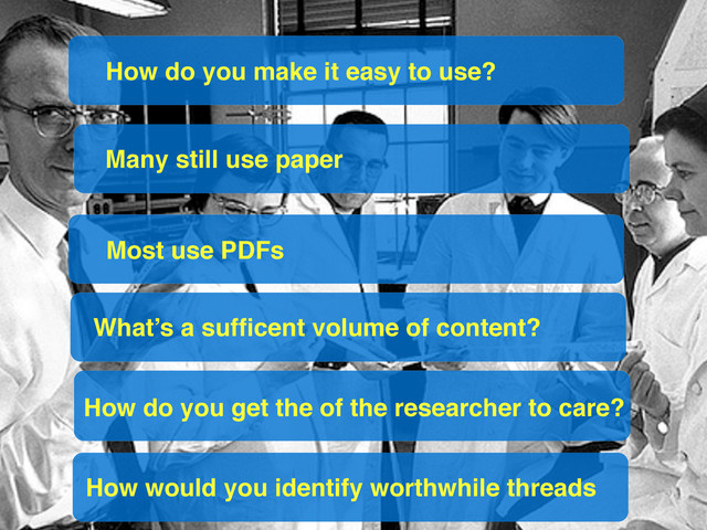 Many still use paper
Most use PDFs
How do you get the of the researcher to care?
How would you identify worthwhile threads
How do you make it easy to use?
What’s a sufﬁcent volume of content?
