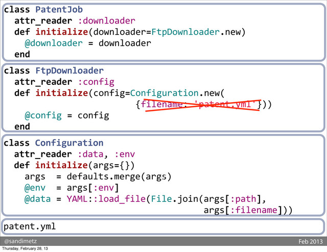 @sandimetz Feb 2013
class	  PatentJob
	  	  attr_reader	  :downloader
	  	  def	  initialize(downloader=FtpDownloader.new)
	  	  	  	  @downloader	  =	  downloader
	  	  end
class	  FtpDownloader
	  	  attr_reader	  :config
	  	  def	  initialize(config=Configuration.new(
	  	  	  	  	  	  	  	  	  	  	  	  	  	  	  	  	  	  	  	  	  	  	  	  	  {filename:	  'patent.yml'}))
	  	  	  	  @config	  =	  config
	  	  end
class	  Configuration
	  	  attr_reader	  :data,	  :env	  
	  	  def	  initialize(args={})
	  	  	  	  args	  	  =	  defaults.merge(args)
	  	  	  	  @env	  	  =	  args[:env]
	  	  	  	  @data	  =	  YAML::load_file(File.join(args[:path],
	  	  	  	  	  	  	  	  	  	  	  	  	  	  	  	  	  	  	  	  	  	  	  	  	  	  	  	  	  	  	  	  	  	  	  	  	  	  args[:filename]))
patent.yml
v
Thursday, February 28, 13
