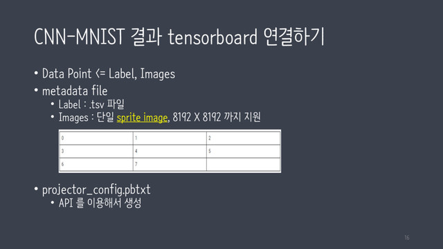 CNN-MNIST 결과 tensorboard 연결하기
• Data Point <= Label, Images
• metadata file
• Label : .tsv 파일
• Images : 단일 sprite image, 8192 X 8192 까지 지원
• projector_config.pbtxt
• API 를 이용해서 생성
16
