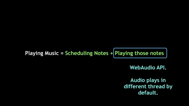 Playing Music = Scheduling Notes + Playing those notes
WebAudio API.
Audio plays in
different thread by
default.
