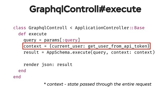 class GraphqlControll < ApplicationController!::Base
def execute
query = params[:query]
context = {current_user: get_user_from_api_token}
result = AppSchema.execute(query, context: context)
render json: result
end
end
GraphqlControll#execute
* context - state passed through the entire request
