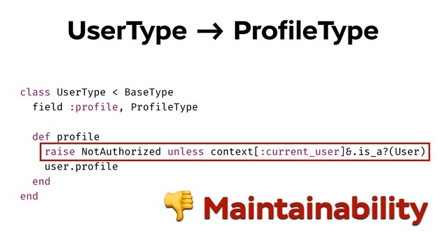 class UserType < BaseType
field :profile, ProfileType
def profile
raise NotAuthorized unless context[:current_user]&.is_a?(User)
user.profile
end
end
UserType !-> ProﬁleType
 Maintainability
