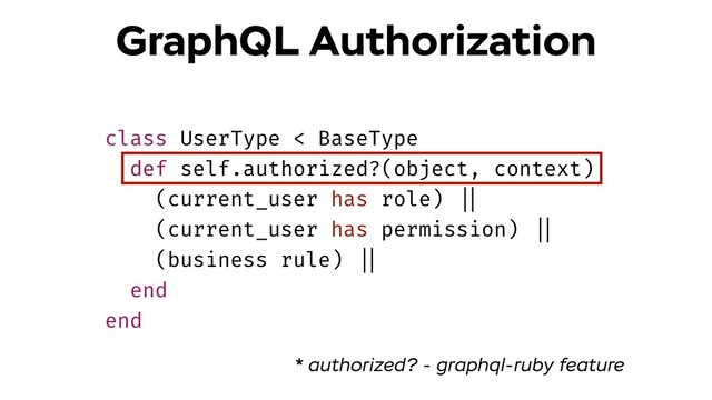 class UserType < BaseType
def self.authorized?(object, context)
(current_user has role) !||
(current_user has permission) !||
(business rule) !||
end
end
GraphQL Authorization
* authorized? - graphql-ruby feature
