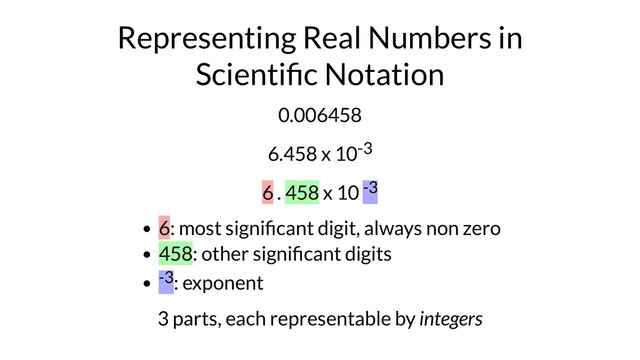 Representing Real Numbers in
Scienti c Notation
0.006458
6.458 x 10-3
6 . 458 x 10 -3
6: most signi cant digit, always non zero
458: other signi cant digits
-3: exponent
3 parts, each representable by integers
