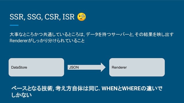SSR, SSG, CSR, ISR 
大事なところかつ共通しているところは, データを持つサーバーと, その結果を映し出す
Rendererがしっかり分けられていること
DataStore Renderer
JSON
ベースとなる技術, 考え方自体は同じ. WHENとWHEREの違いで
しかない
