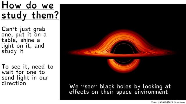 Can’t just grab
one, put it on a
table, shine a
light on it, and
study it
Video: NASA/GSFC/J. Schnittman
How do we
study them?
To see it, need to
wait for one to
send light in our
direction
We “see” black holes by looking at
effects on their space environment
