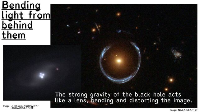 Image: NASA/ESA/HST
Bending
light from
behind
them
The strong gravity of the black hole acts
like a lens, bending and distorting the image.
Image: J. Rhoads(ASU)/WIYN/
AURA/NOAO/NSF
