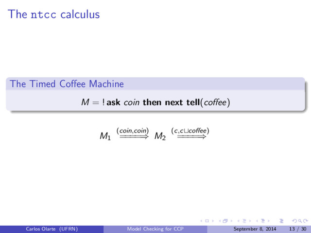 The ntcc calculus
The Timed Coﬀee Machine
M = ! ask coin then next tell(coﬀee)
M1
(coin,coin)
=
=
=
=⇒ M2
(c,c coﬀee)
=
=
=
=⇒
Carlos Olarte (UFRN) Model Checking for CCP September 8, 2014 13 / 30
