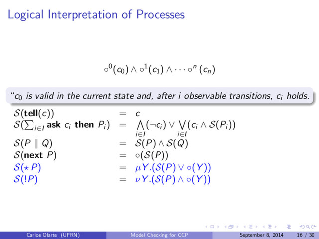 Logical Interpretation of Processes
◦0(c0) ∧ ◦1(c1) ∧ · · · ◦n (cn)
“c0 is valid in the current state and, after i observable transitions, ci holds.
S(tell(c)) = c
S( i∈I
ask ci then Pi ) =
i∈I
(¬ci ) ∨
i∈I
(ci
∧ S(Pi ))
S(P Q) = S(P) ∧ S(Q)
S(next P) = ◦(S(P))
S( P) = µY .(S(P) ∨ ◦(Y ))
S(!P) = νY .(S(P) ∧ ◦(Y ))
Carlos Olarte (UFRN) Model Checking for CCP September 8, 2014 16 / 30
