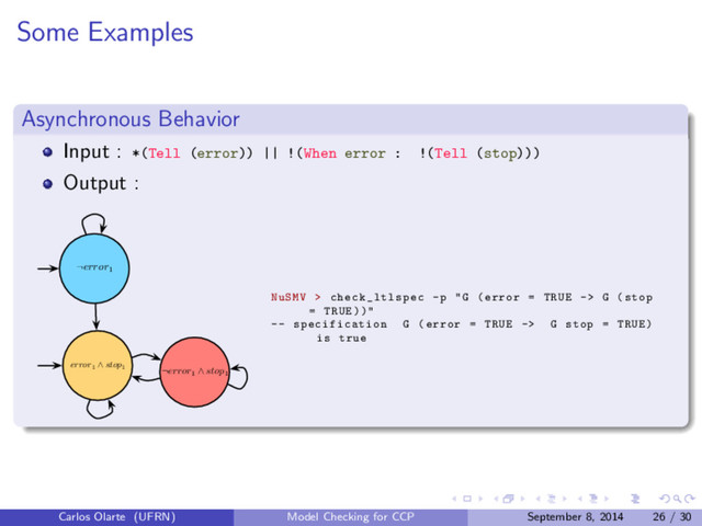 Some Examples
Asynchronous Behavior
Input : *(Tell (error)) || !(When error : !(Tell (stop)))
Output :
¬error1
error1
^ stop1 ¬error1
^ stop1
NuSMV > check_ltlspec -p "G (error = TRUE -> G (stop
= TRUE))"
-- specification G (error = TRUE -> G stop = TRUE)
is true
Carlos Olarte (UFRN) Model Checking for CCP September 8, 2014 26 / 30
