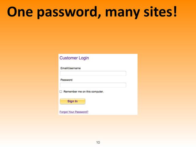 One	  password,	  many	  sites!
10
