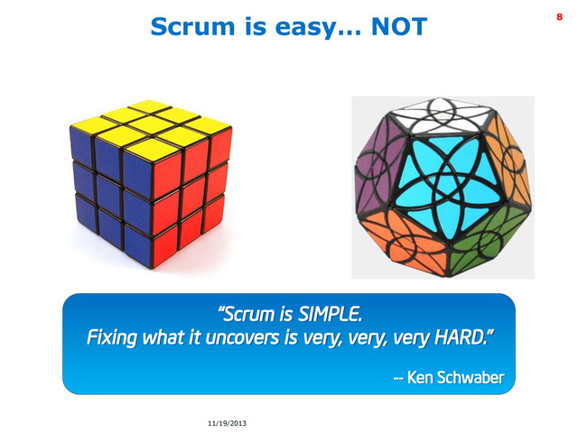 Intel Information Technology
Scrum is easy… NOT
“Scrum is SIMPLE.
Fixing what it uncovers is very, very, very HARD.”
-- Ken Schwaber
8
11/19/2013

