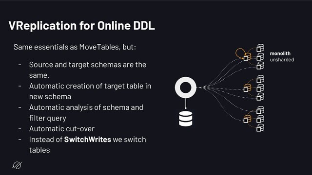 VReplication for Online DDL
Same essentials as MoveTables, but:
- Source and target schemas are the
same.
- Automatic creation of target table in
new schema
- Automatic analysis of schema and
ﬁlter query
- Automatic cut-over
- Instead of SwitchWrites we switch
tables
monolith
unsharded
